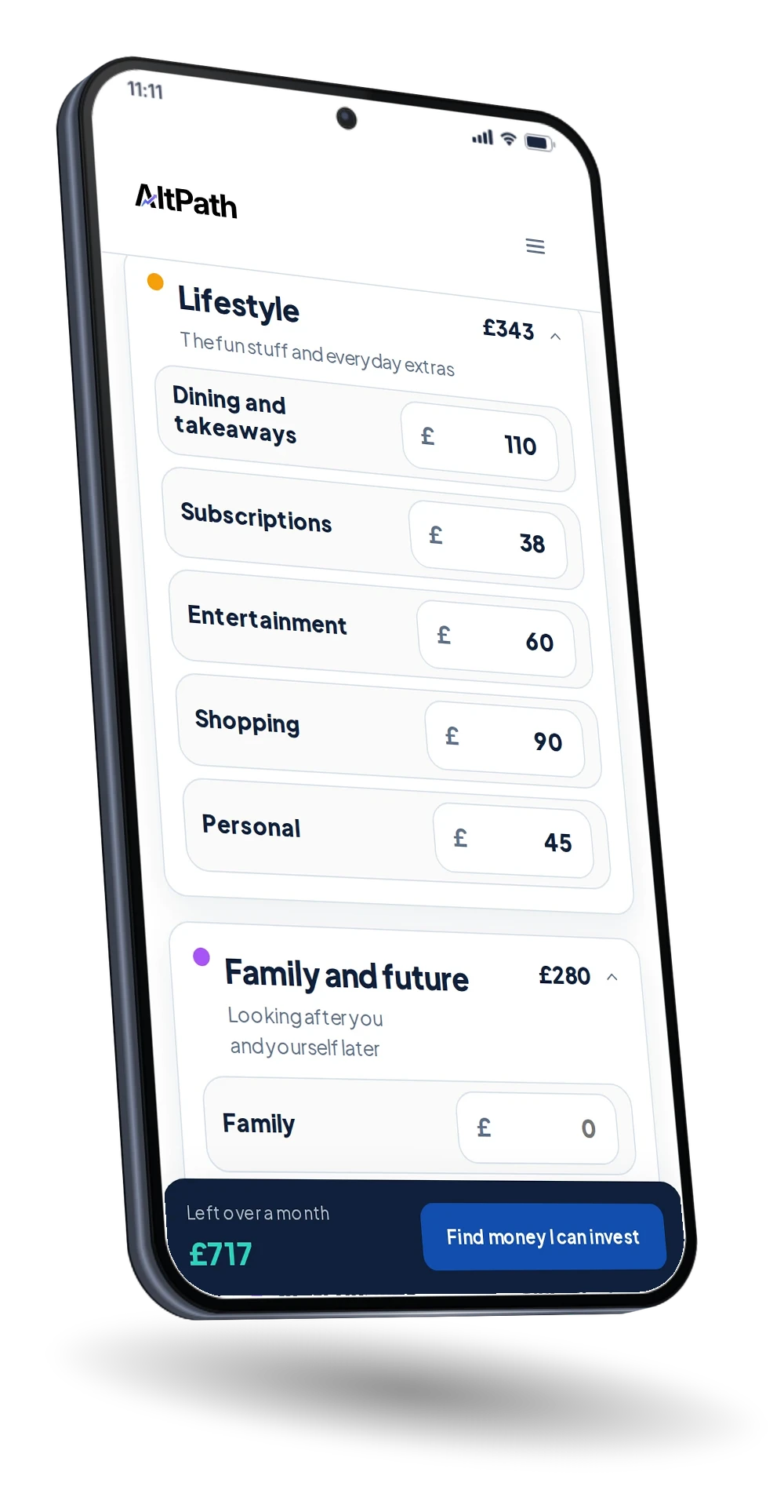Budget planner on a phone showing sample Lifestyle and Family and future categories