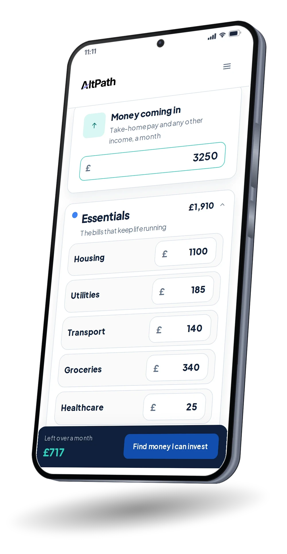 Budget planner on a phone with sample income, essentials and money left over